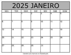 Janeiro De 2025 Calendario Imprimível