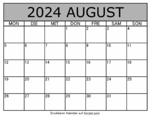 Kalender August 2024 zum Ausdrucken