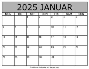 Kalender Januar 2025 zum Ausdrucken