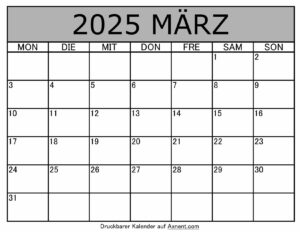 Kalender März 2025 zum Ausdrucken