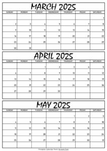 March April and May Calendar 2025