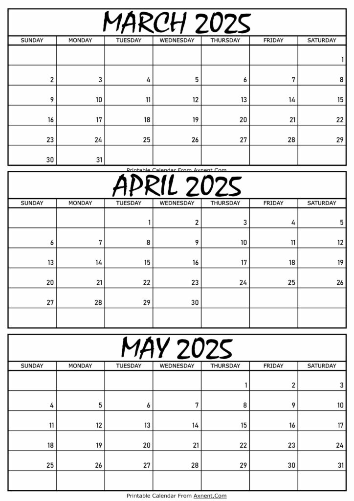March April and May Calendar 2025