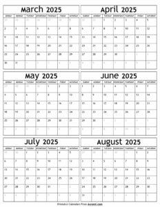 March to August 2025 Calendar