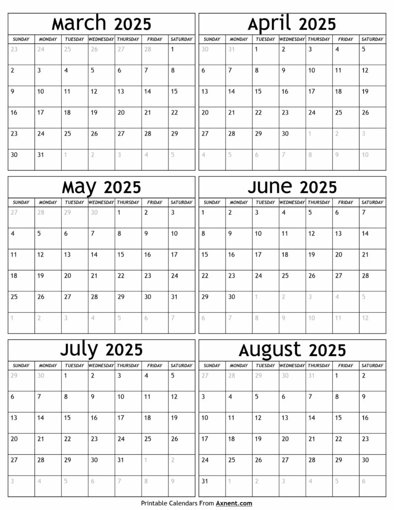 March to August 2025 Calendar