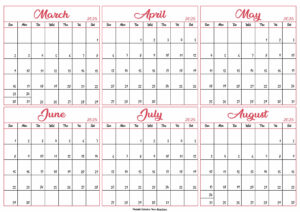 March to August Calendar 2025