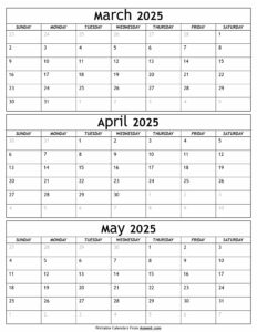 March to May 2025 Calendar