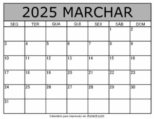 Marchar De 2025 Calendario Imprimível