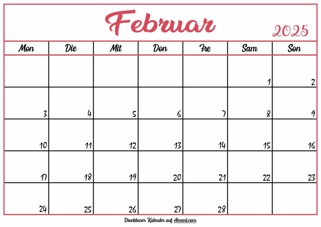 Monatskalender Februar 2025