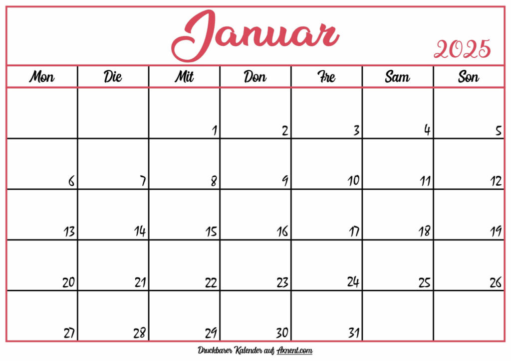Monatskalender Januar 2025