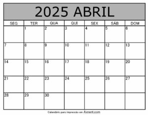 Abril De 2025 Calendario Imprimível