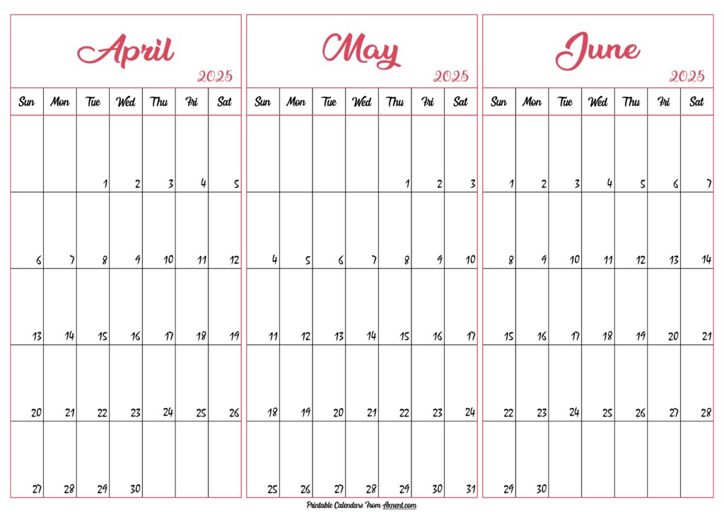 April May June 2025 Calendar