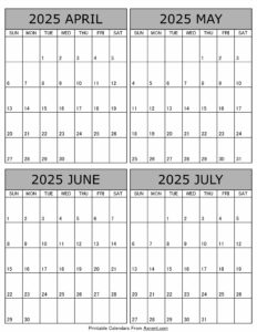 April May June July 2025 Calendar