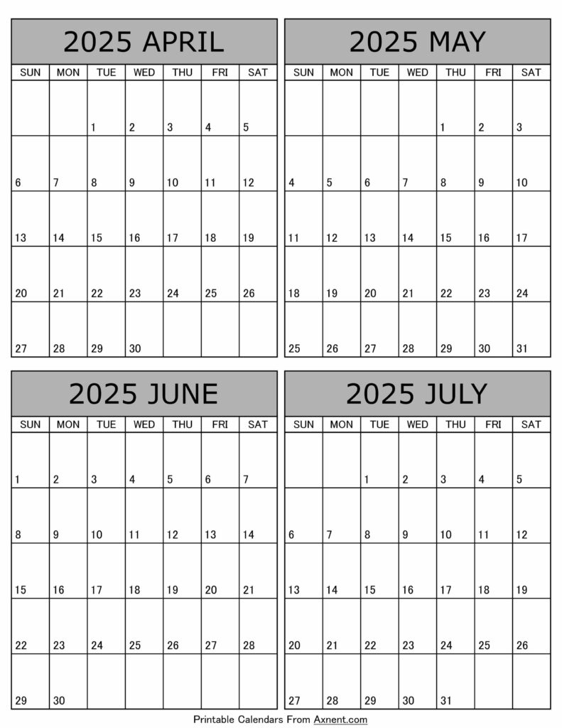 April May June July 2025 Calendar
