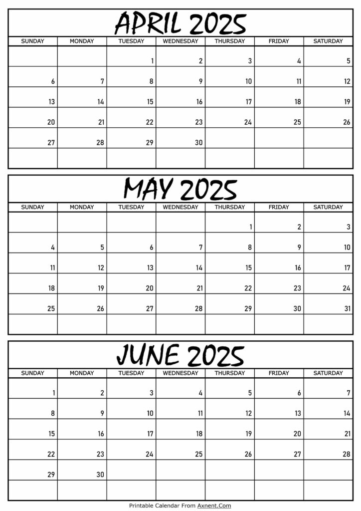 April May and June Calendar 2025