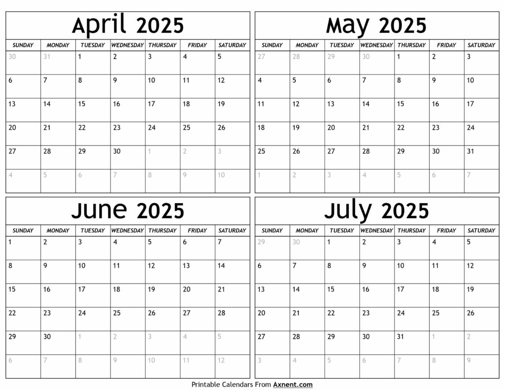 April to July 2025 Calendar