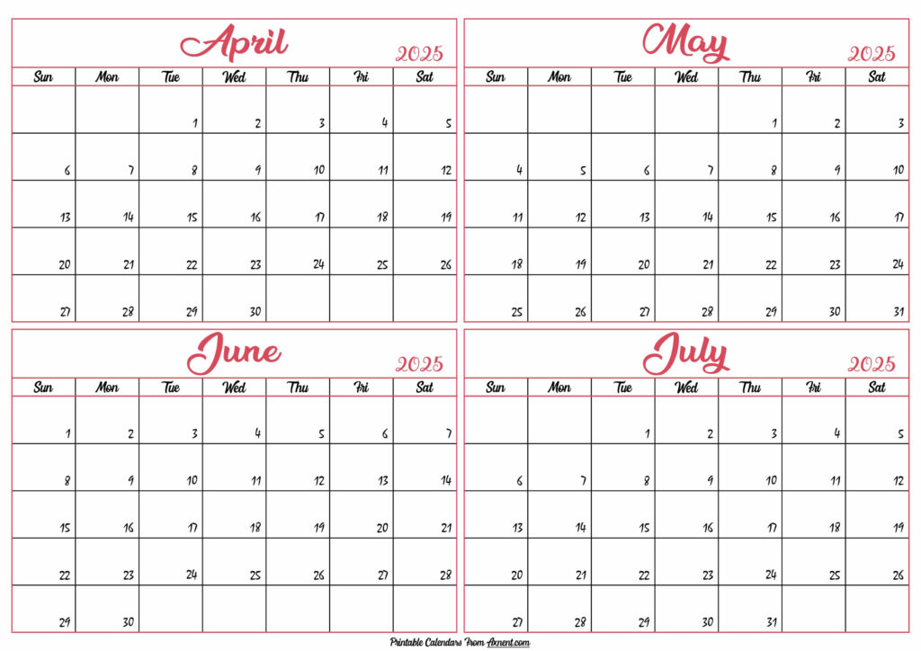 April to July Calendar 2025