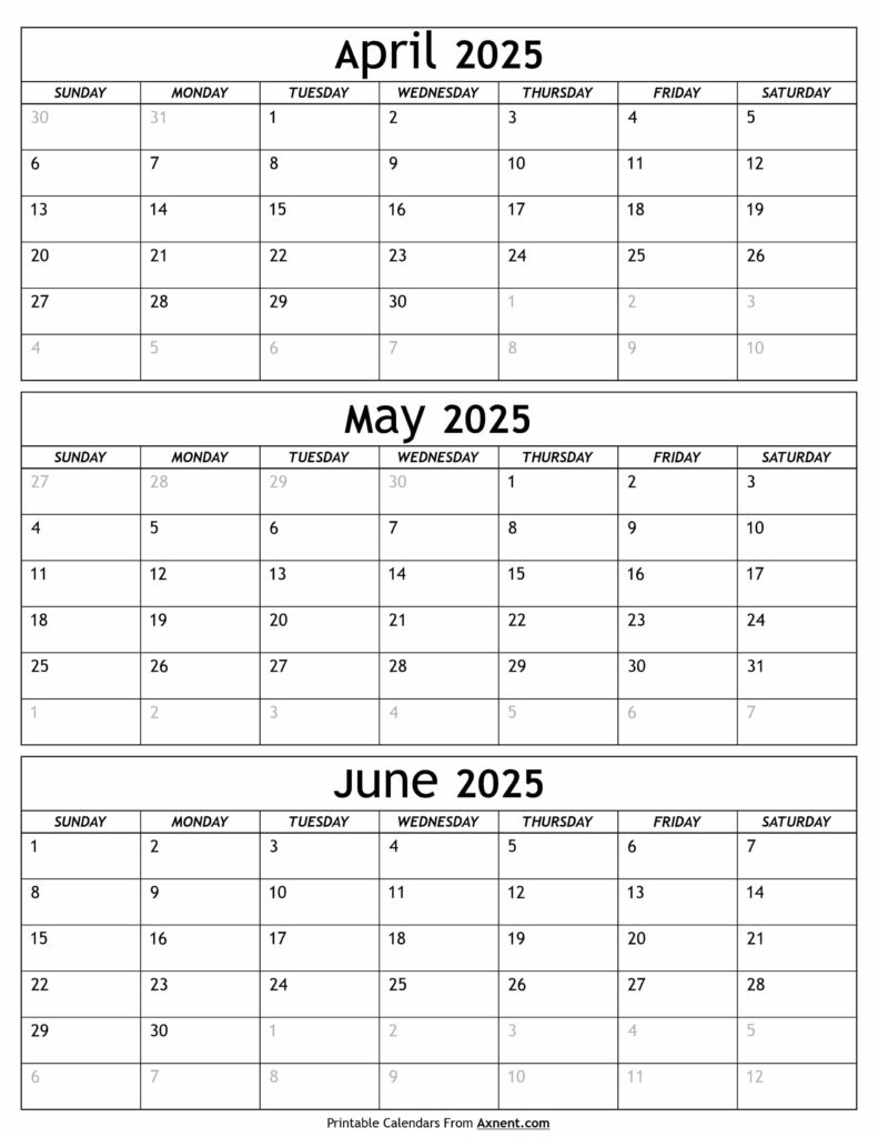 April to June 2025 Calendar