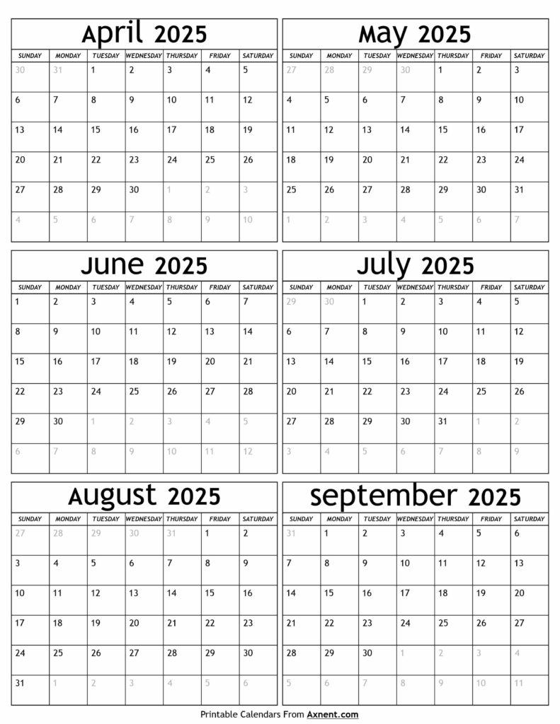 April to September 2025 Calendar