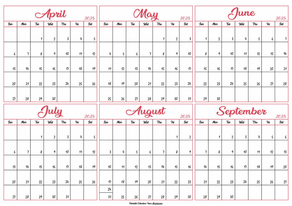April to September Calendar 2025