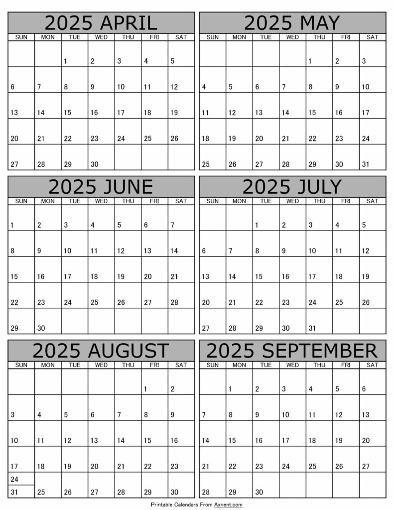 Calendar 2025 April to September