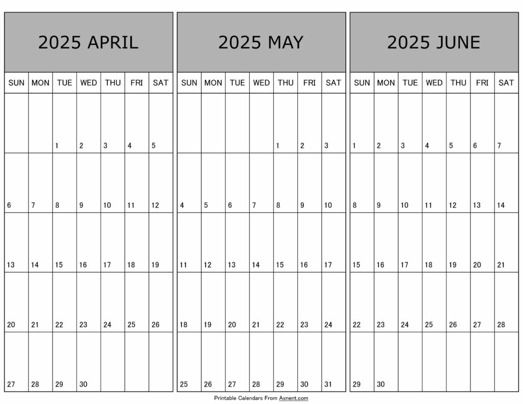 Calendar April May June 2025