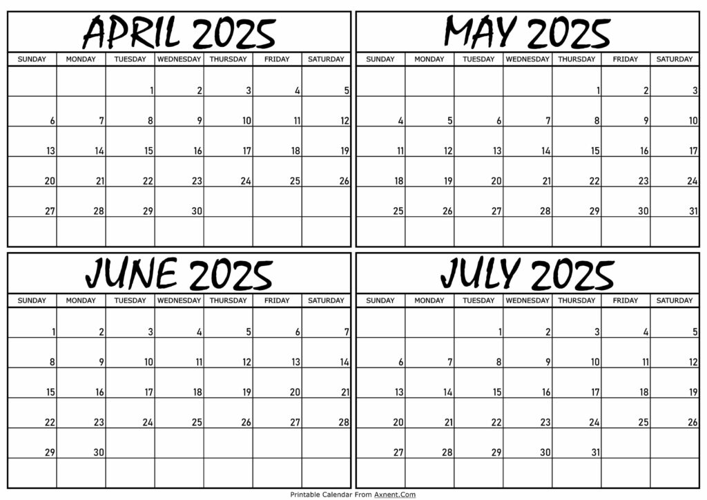 Calendar April to July 2025