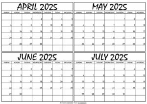 Calendar April to July 2025