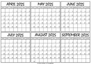 Calendar April to September 2025