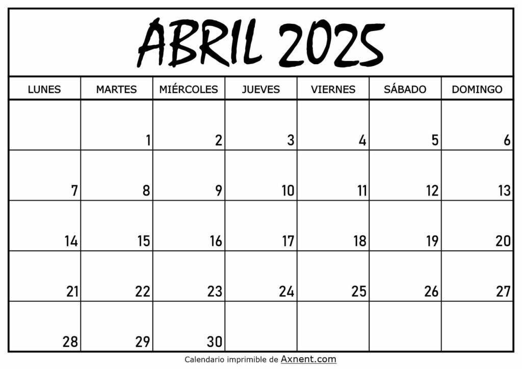Calendario Abril 2025 Para Imprimir