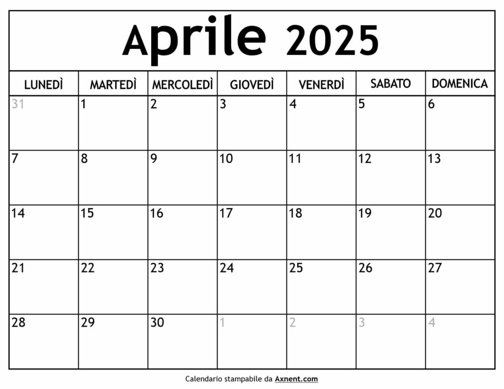 Calendario Aprile 2025