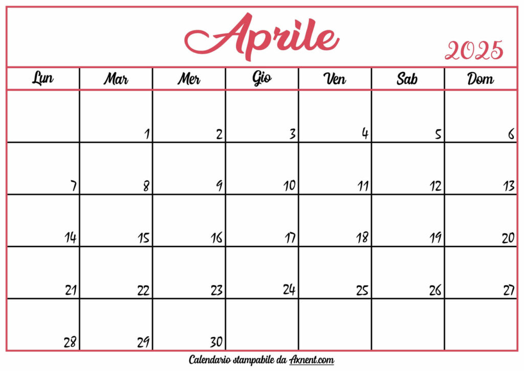 Calendario Aprile 2025 Stampabile