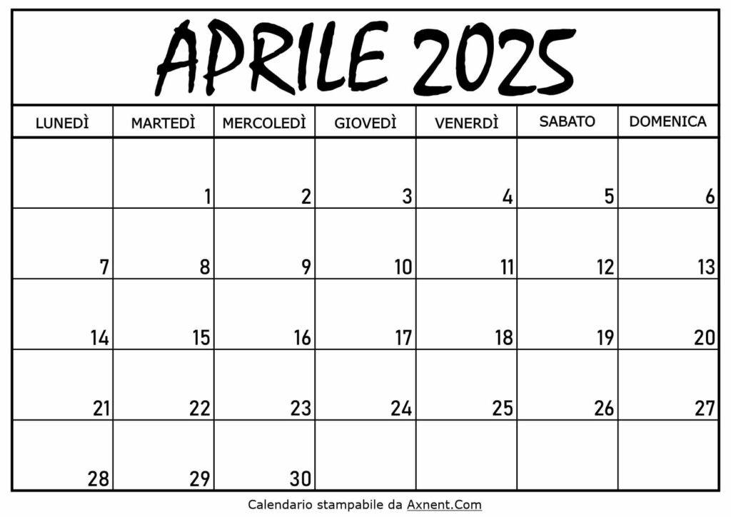 Calendario Aprile 2025 da Stampare