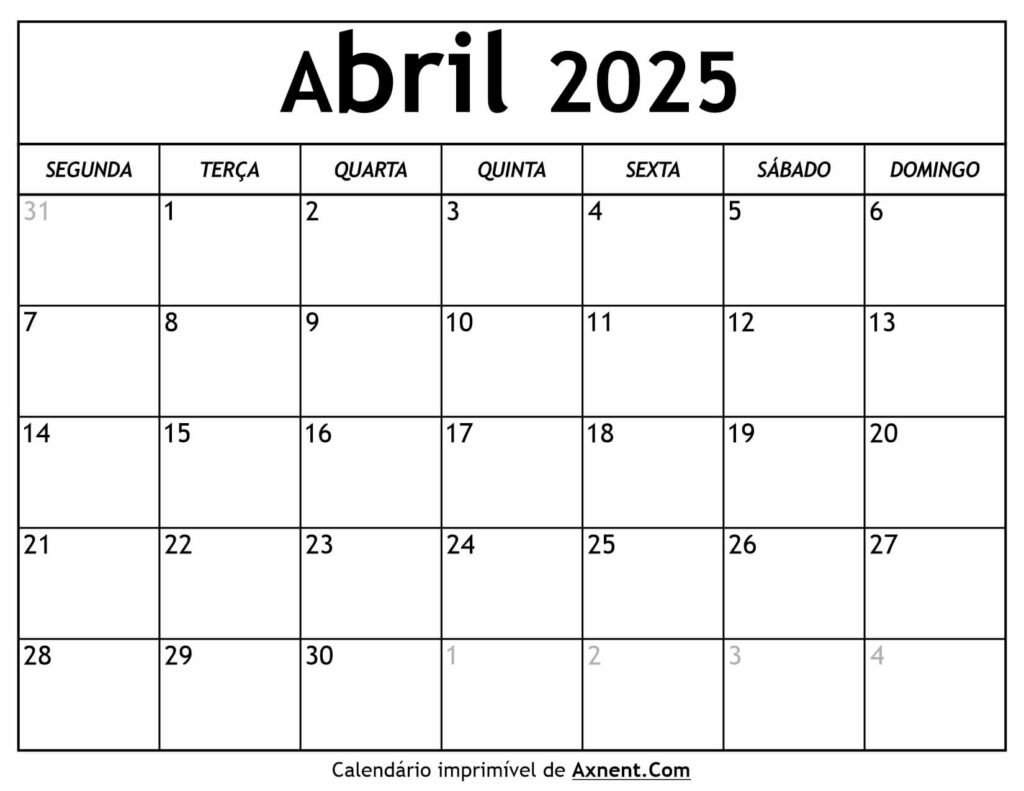 Calendário De Abril De 2025