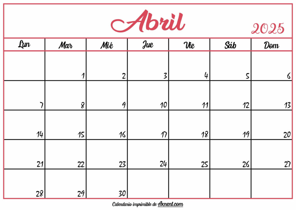 Calendario En Blanco Abril 2025