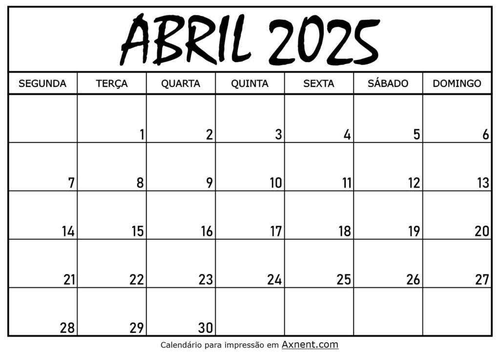 Calendário Mensal Abril 2025