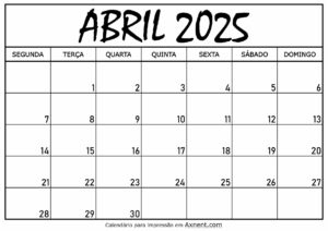 Calendário Mensal Abril 2025