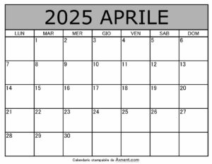 Calendario Mensile di Aprile 2025