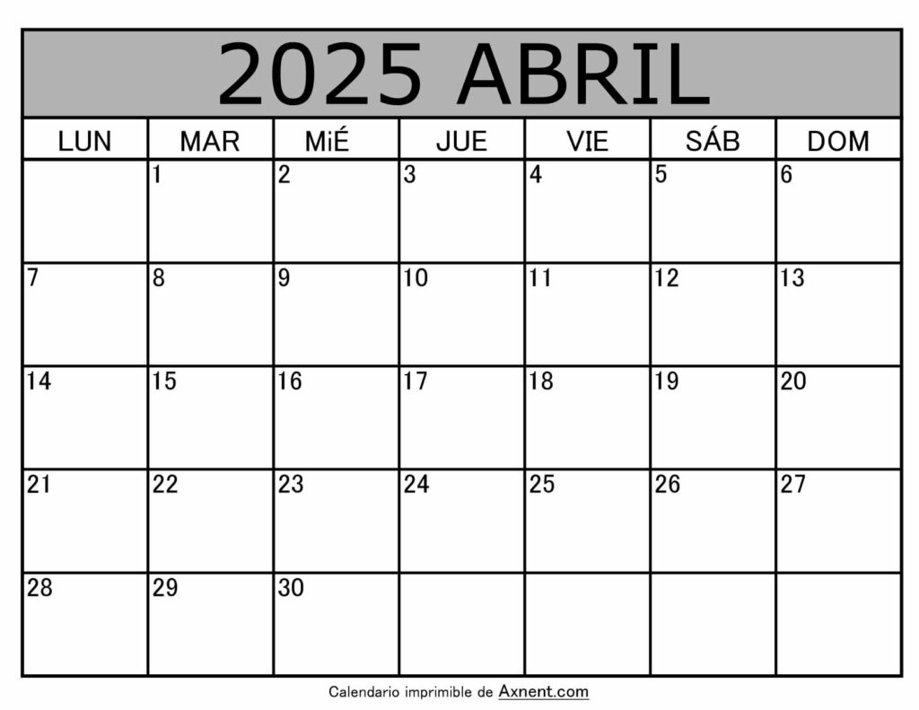 Calendario Mensual Abril 2025