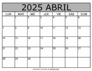 Calendario Mensual Abril 2025