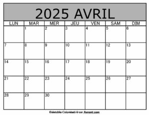 Calendrier À Imprimer Avril 2025