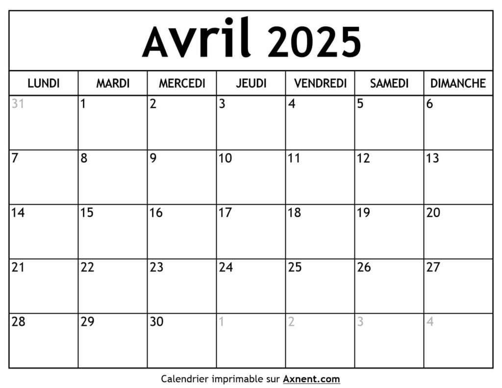 Calendrier Avril 2025