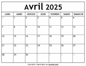 Calendrier Avril 2025