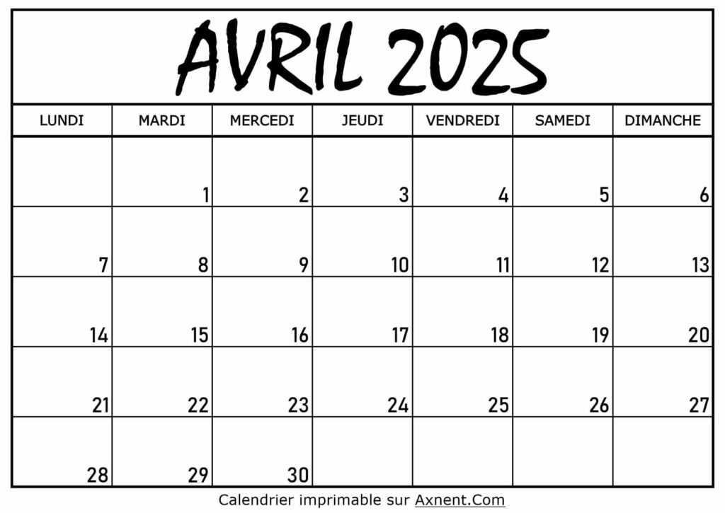 Calendrier Avril 2025 À Imprimer