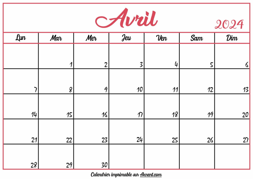 Calendrier Vierge Avril 2025