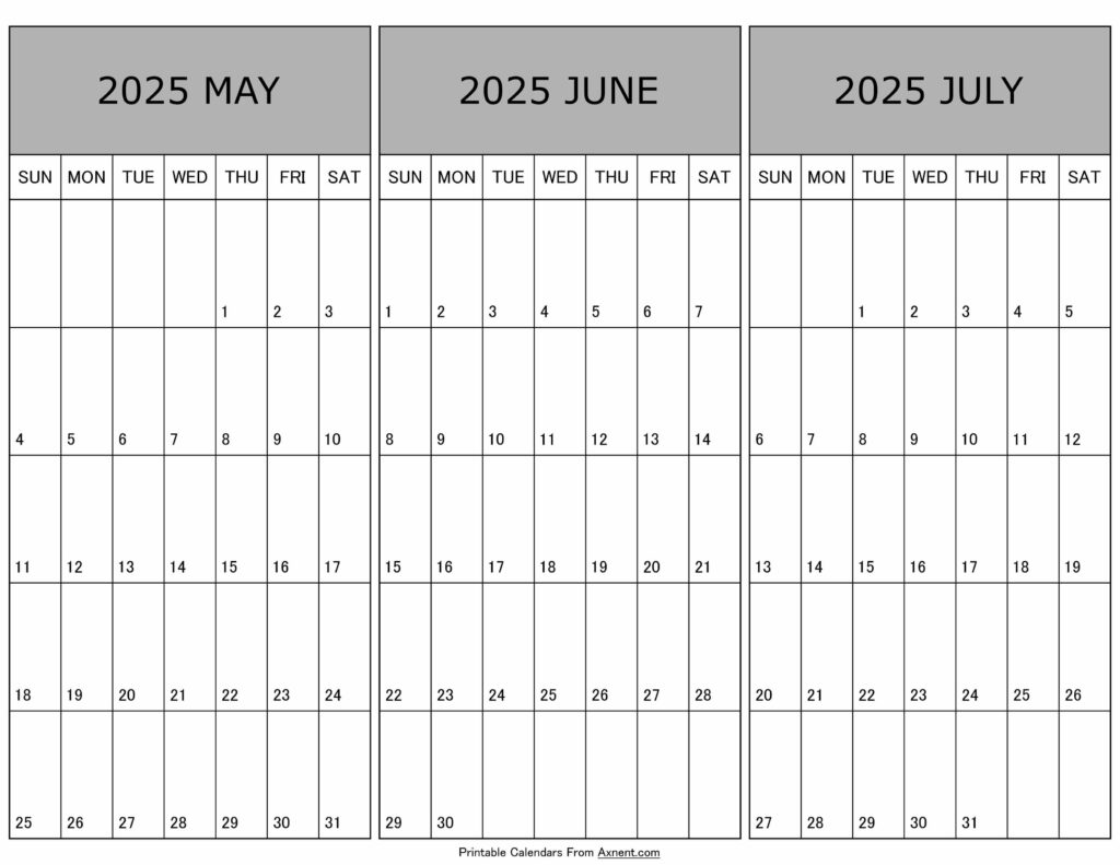 Calendar May June July 2025