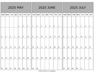 Calendar May June July 2025