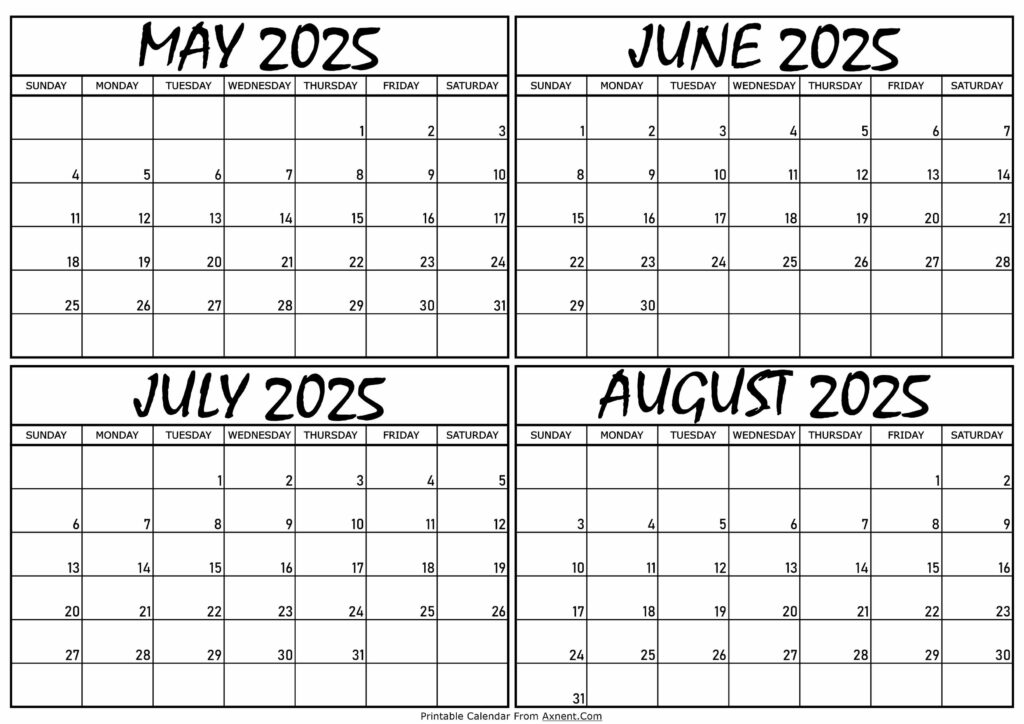 Calendar May to August 2025