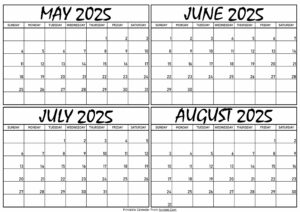 Calendar May to August 2025