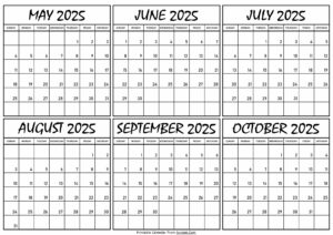 Calendar May to October 2025