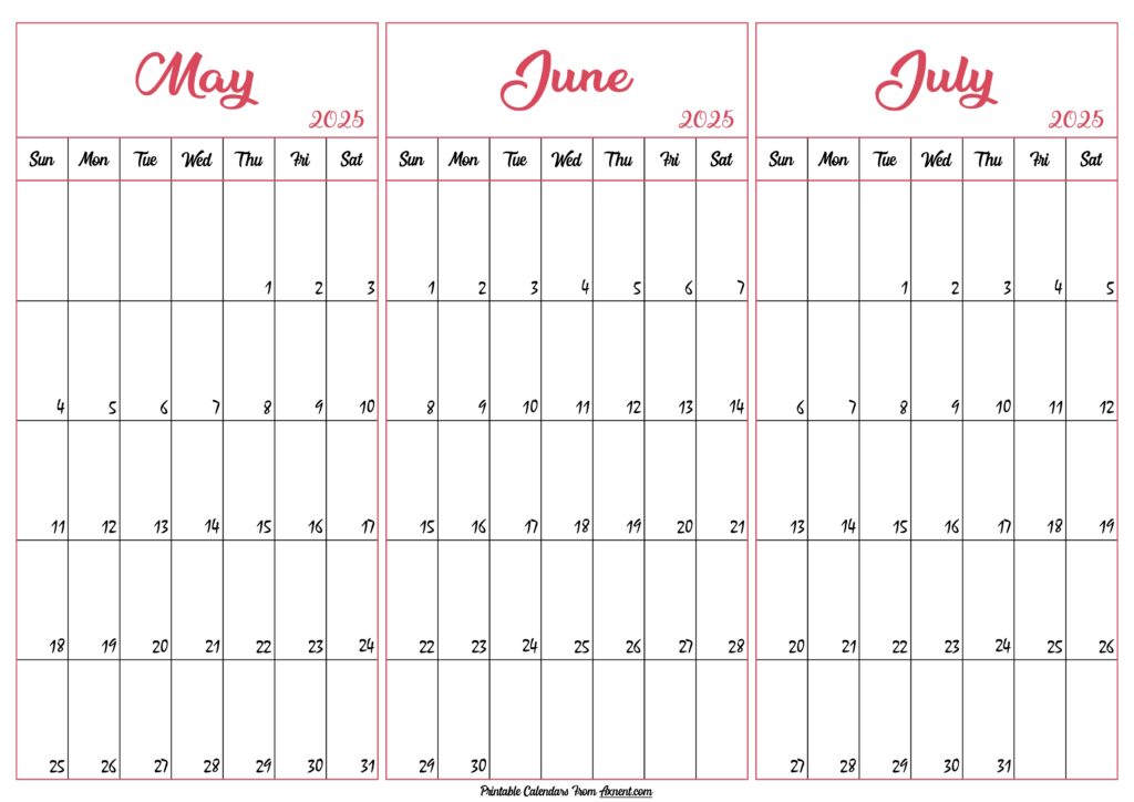 May June July 2025 Calendar